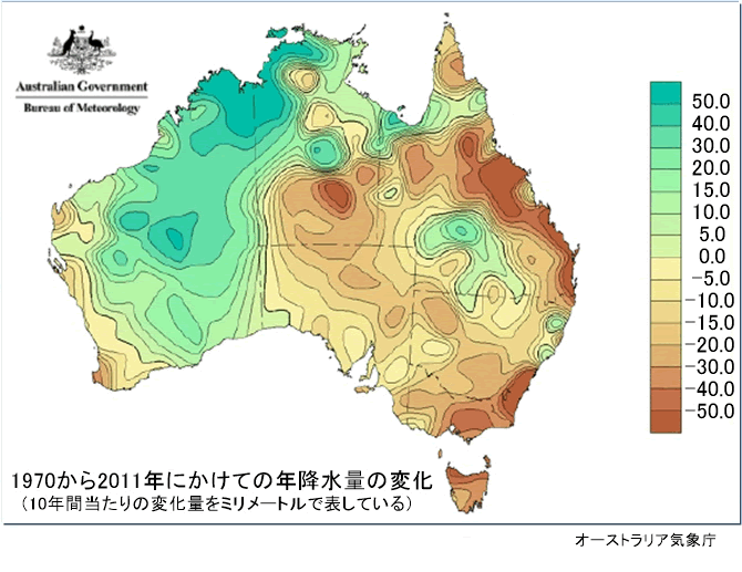 オーストラリアにおける降雨量の変化（1970〜2011年）