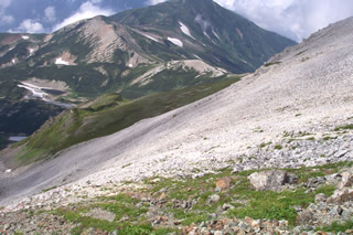 白馬岳の地質境界。中央の白い部分が流紋岩地。細かい岩屑が表面を覆う。手前は砂岩地で礫が大きい。