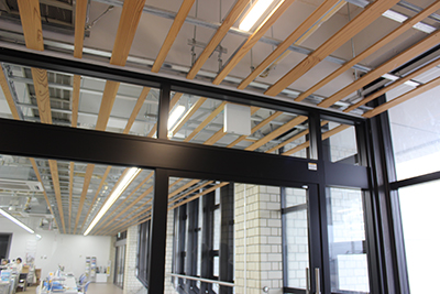 天井はパネルがなく木製ルーバーのみ（地震時の天井崩落防止・コスト削減のため）