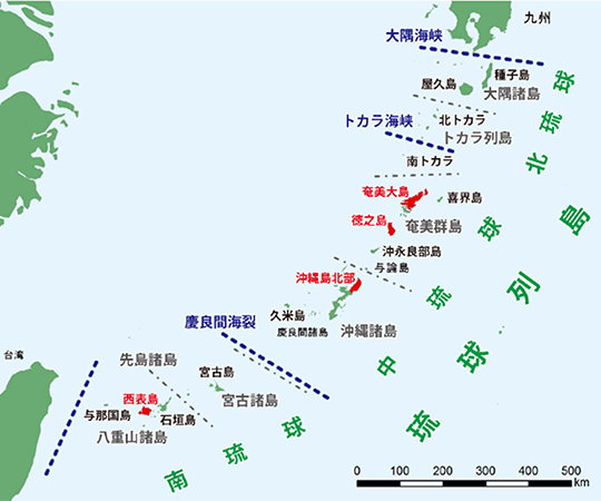 琉球列島の地図（赤字は世界遺産地域）