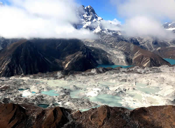 これがゴジュンバ氷河の氷河湖群。色とりどりで美しいが喜んではいられない。
