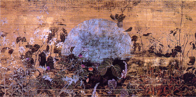 雲肌麻紙、岩絵具、膠、箔を使って描いた作品(227×115cm)