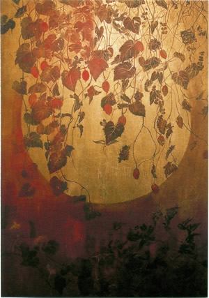 カラスウリの花と実を描いた作品(162×112cm)。10月の個展に出品予定