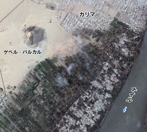 ナイルから1600mほどの沙漠の縁にあるという環境も信仰の地となった要因のひとつだ。古来、神殿や墳墓は耕地に影響しない沙漠の縁が選ばれていたのだ。© Google Earth