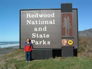 写真2：レッドウッド国立州立公園の入口標識。標識の右側に2本のレッドウッドをあしらった公園のマークがあり、その下に国立公園局とカリフォルニア州のマークが並んでいる