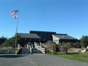 写真10：レッドウッドインフォメーションセンター。国立公園局所有のビジターセンターで規模も大きい。写真向かって左側に星条旗とカリフォルニア州の旗が見える