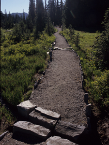 写真22：石で横断側溝と縁石が設置されたトレイル。利用形態や流水の状況に応じて整備方法が工夫されている