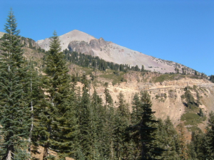 ラッセン火山国立公園の風景。公園内は乾燥していて針葉樹がまばらに生えている