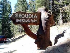 セコイア国立公園の入口標識。一本支柱に巨大な腕木がついている。