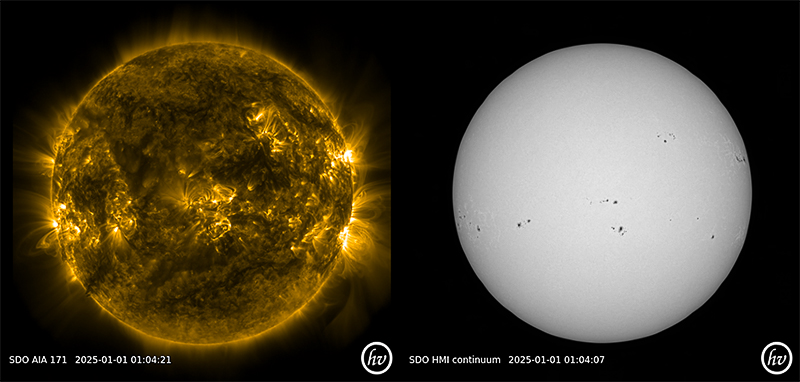 図1 NASAの太陽観測衛星SDO（Solar Dynamics Observatory）による太陽の画像。左は極紫外線で捉えた磁力線のループ、右は黒点の様子。