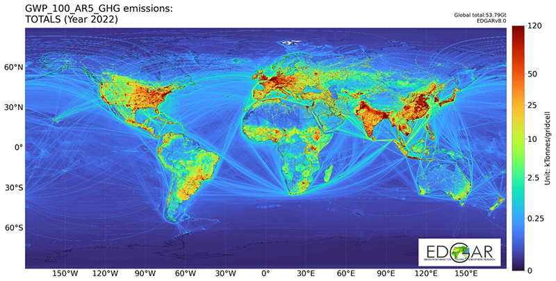 図1：温室効果ガス排出量の世界地図（2022年）。EDGAR v8.0 (Crippa et al., ESSD, 2024)による。